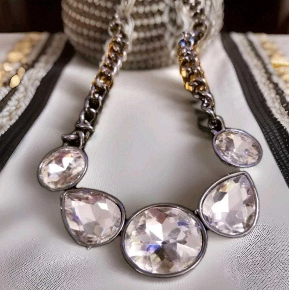 Huge Runway Inspired White Crystal Gunmetal Industrial Statement Necklace